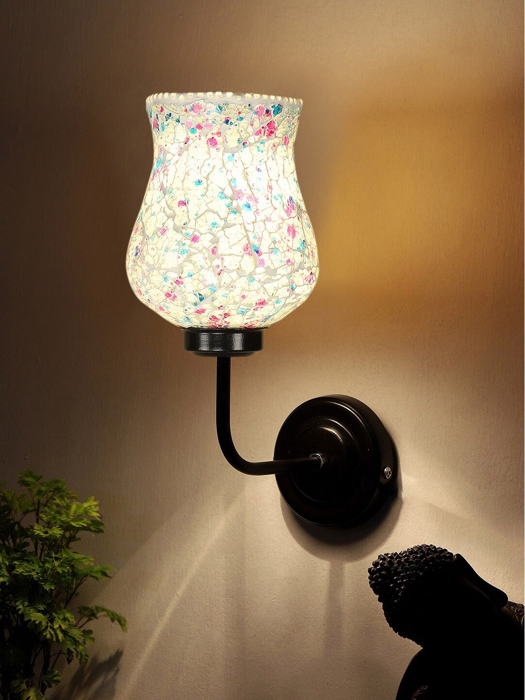 

Devansh Blue & Pink Textured Mosaic Glass Shade Wall Mounted Lamp With Iron Base