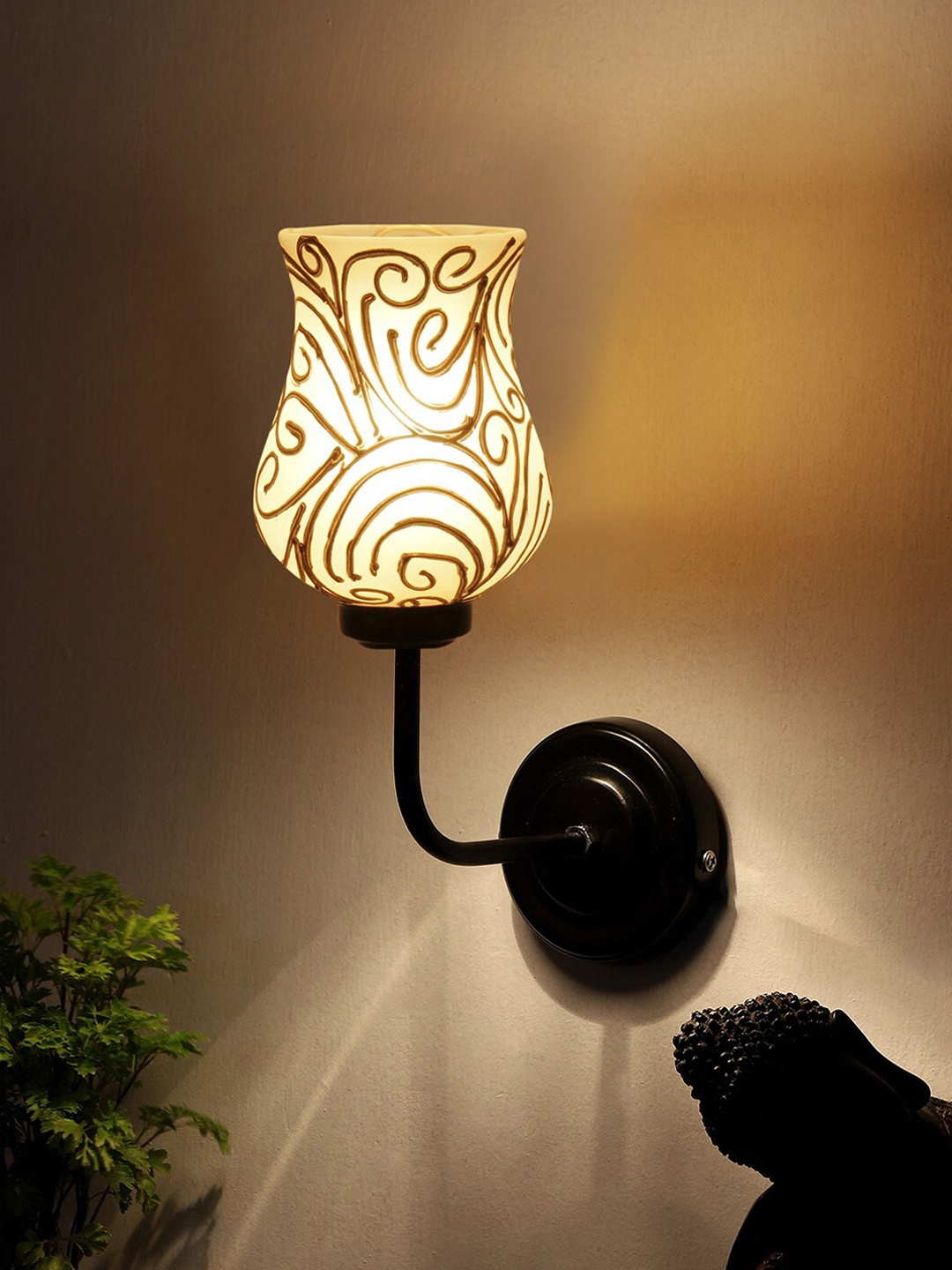 Devansh White & Gold-Toned Iron Wall Mounted Lamp With Floral Mosaic Glass Shade