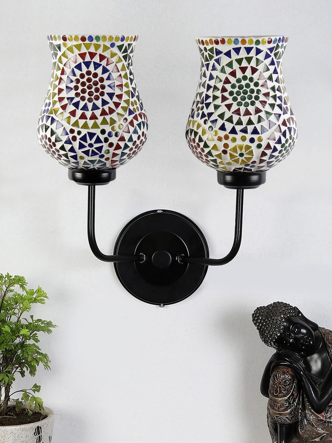 

Devansh Yellow & Blue Textured Mosaic Dual Glass Shade Wall Mounted Lamp With Iron Base, White
