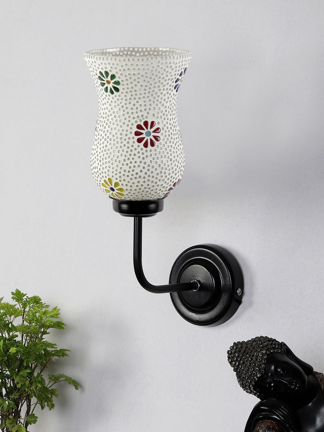 

Devansh White & Black Iron Wall Mounted Lamp With Floral Mosaic Glass Shade