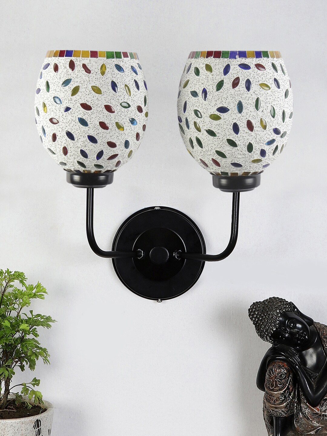 

Devansh White & Yellow Textured Mosaic Dual Glass Shade Wall Mounted Lamp With Iron Base