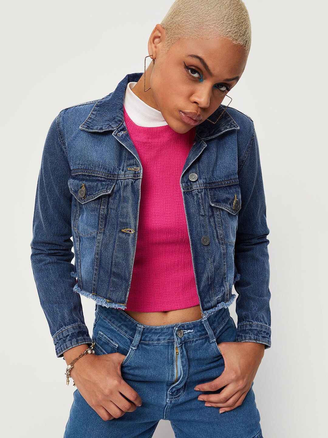 

max Women Washed Crop Cotton Denim Jacket, Blue