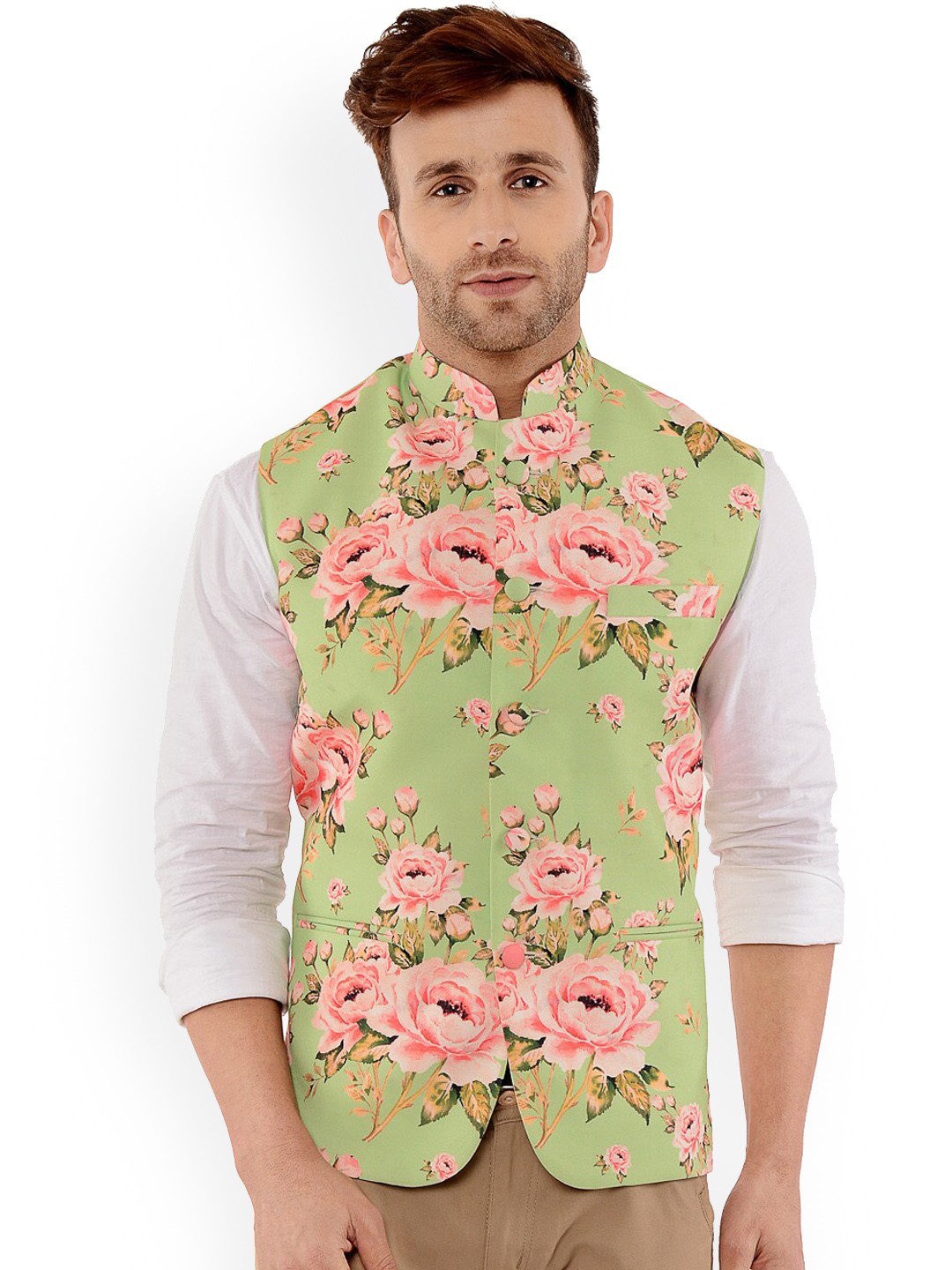 

hangup plus Men Floral-Printed Woven Nehru Jacket, Green