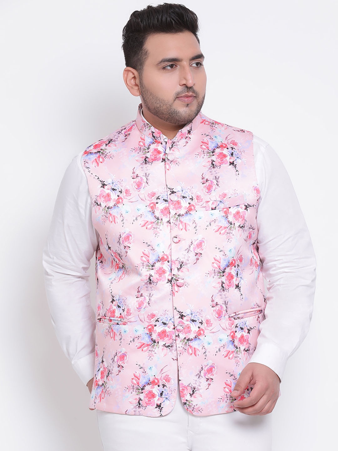 

hangup plus Men Floral Printed Nehru Jacket, Pink