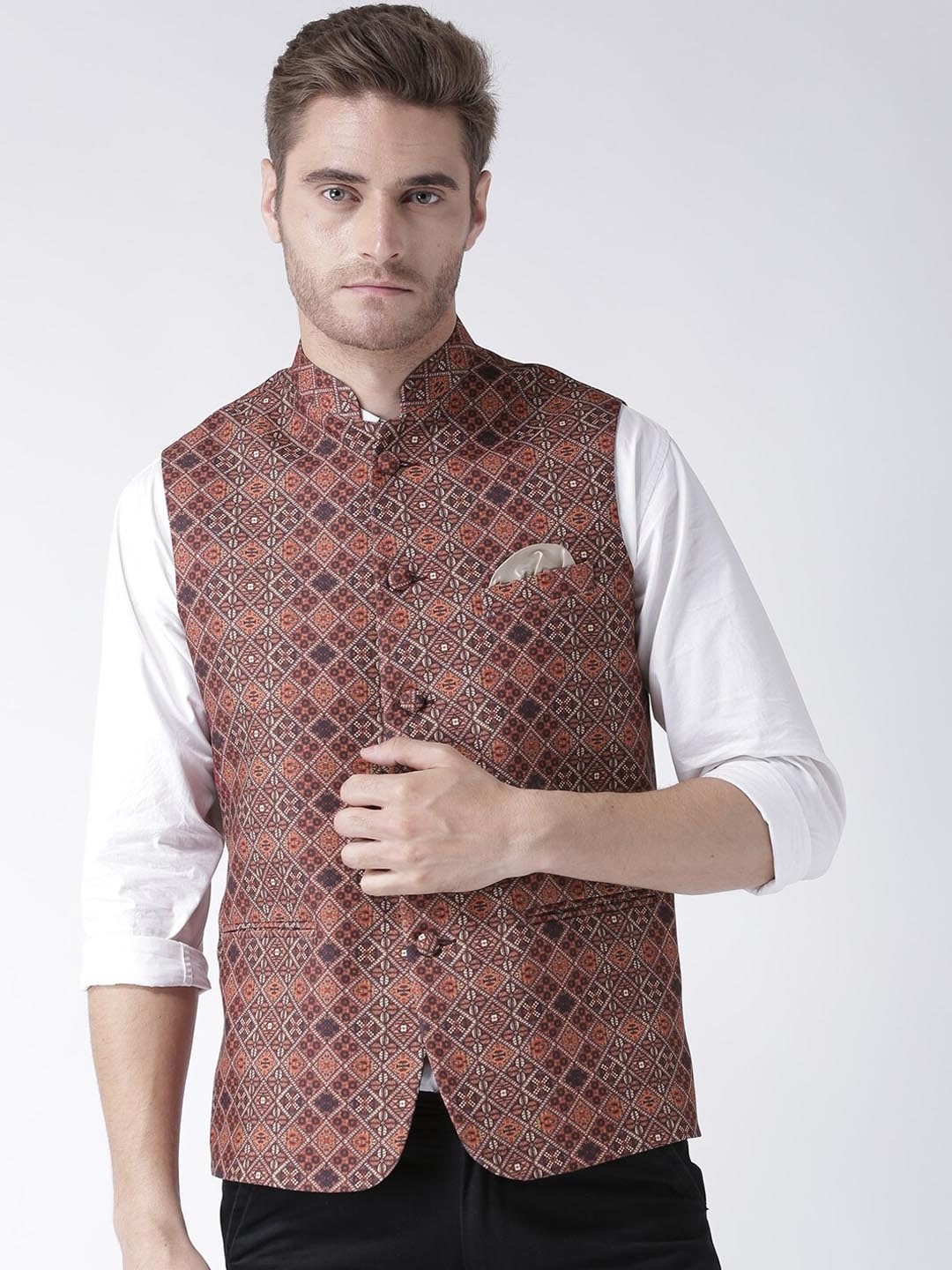 

hangup plus Men Ethnic Printed Nehru Jacket, Brown