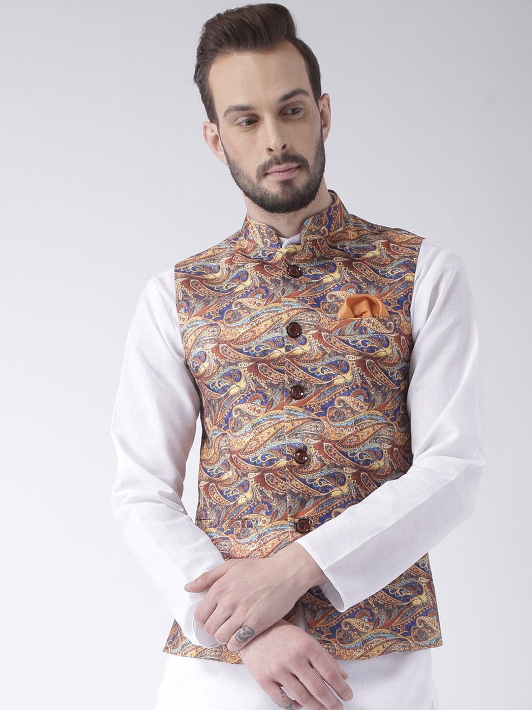

hangup plus Men Printed Nehru Jacket, Brown