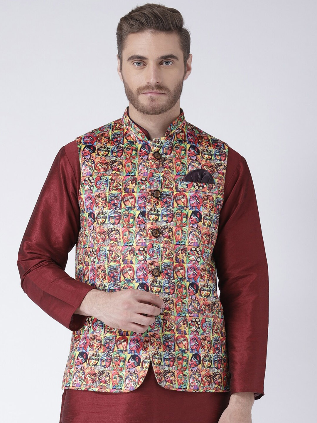 

hangup plus Men Printed Nehru Jacket, Yellow