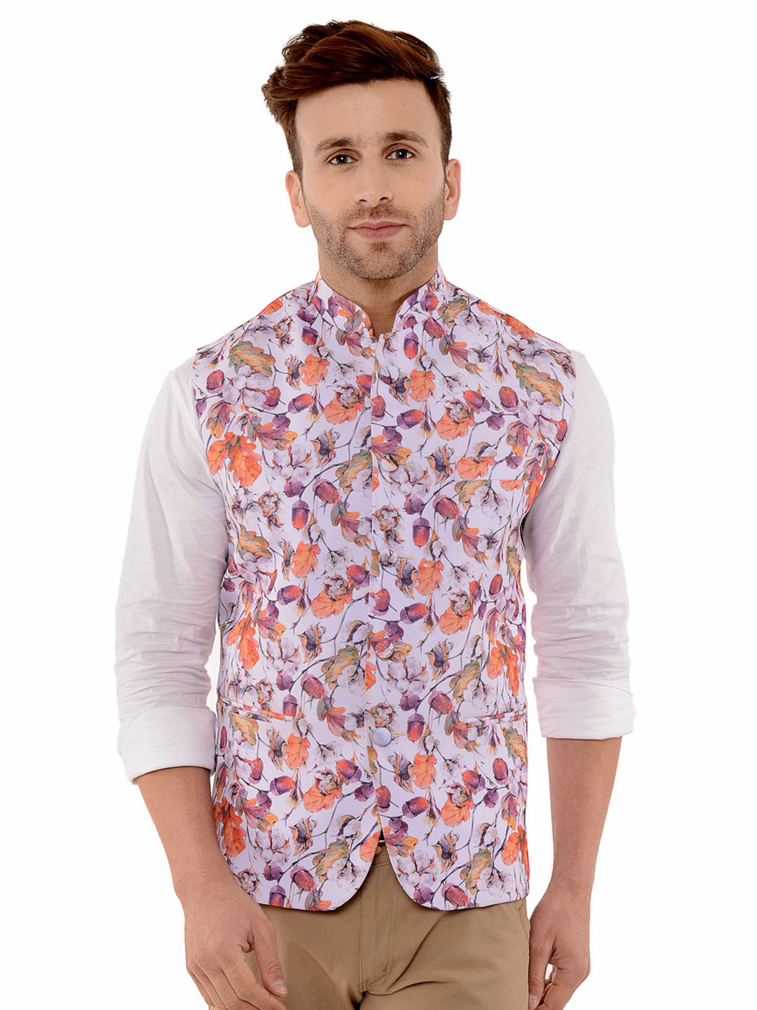 

hangup plus Men Floral Printed Woven Nehru Jacket, Pink