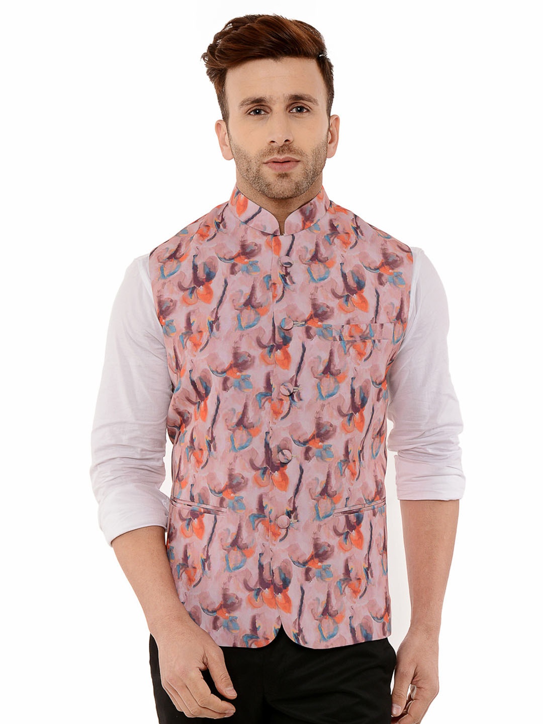 

hangup plus Men Floral-Printed Nehru Jacket, Pink