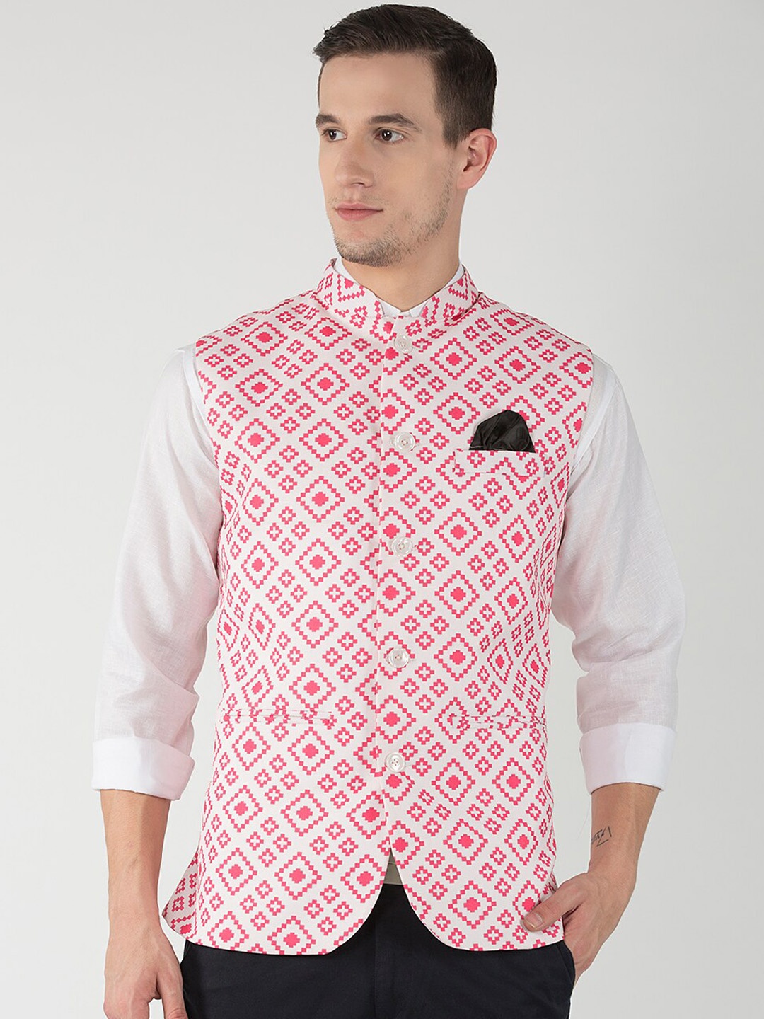 

hangup plus Men Printed Woven Nehru Jacket, White