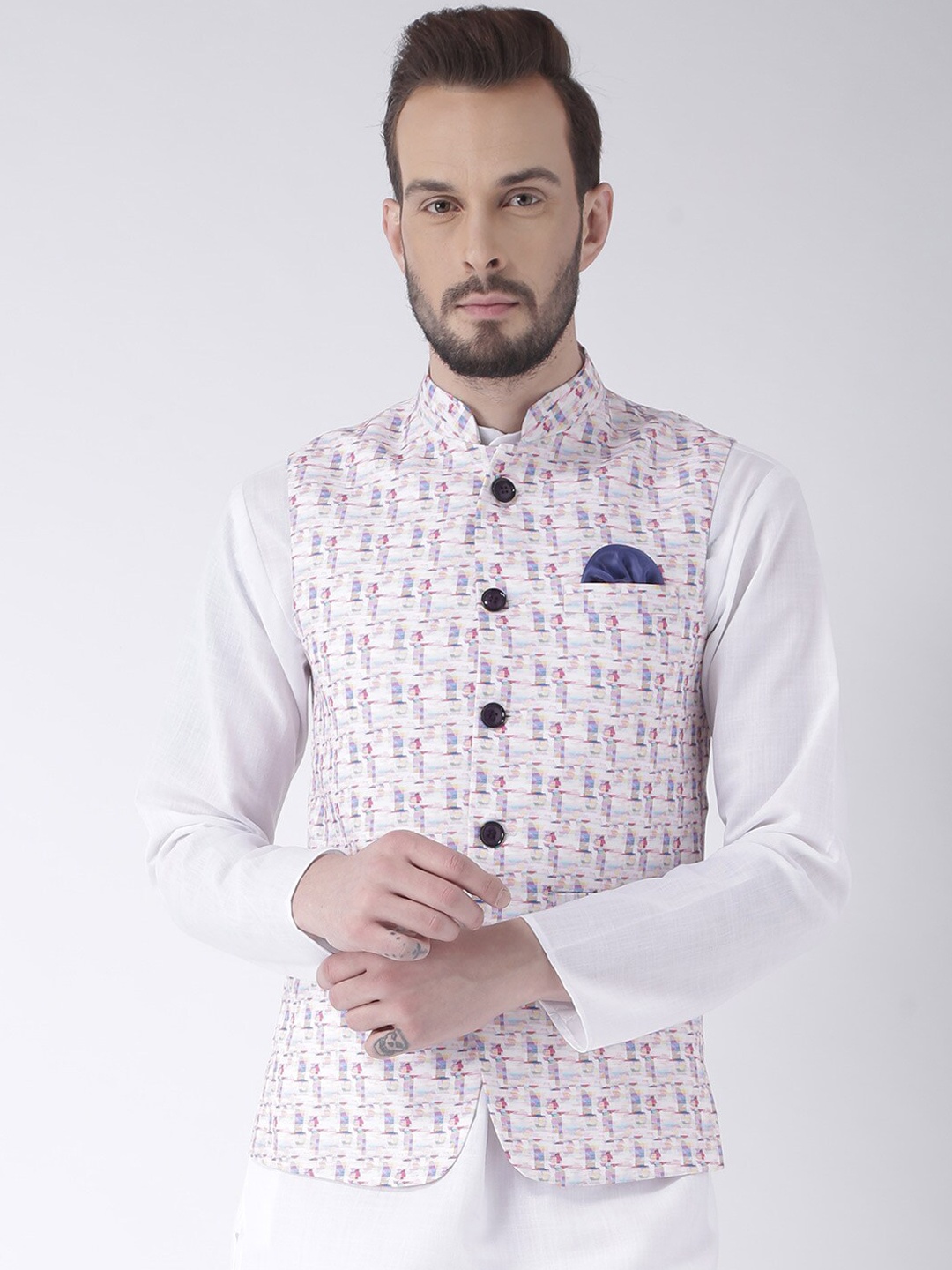 

hangup plus Men Printed Nehru Jackets, White