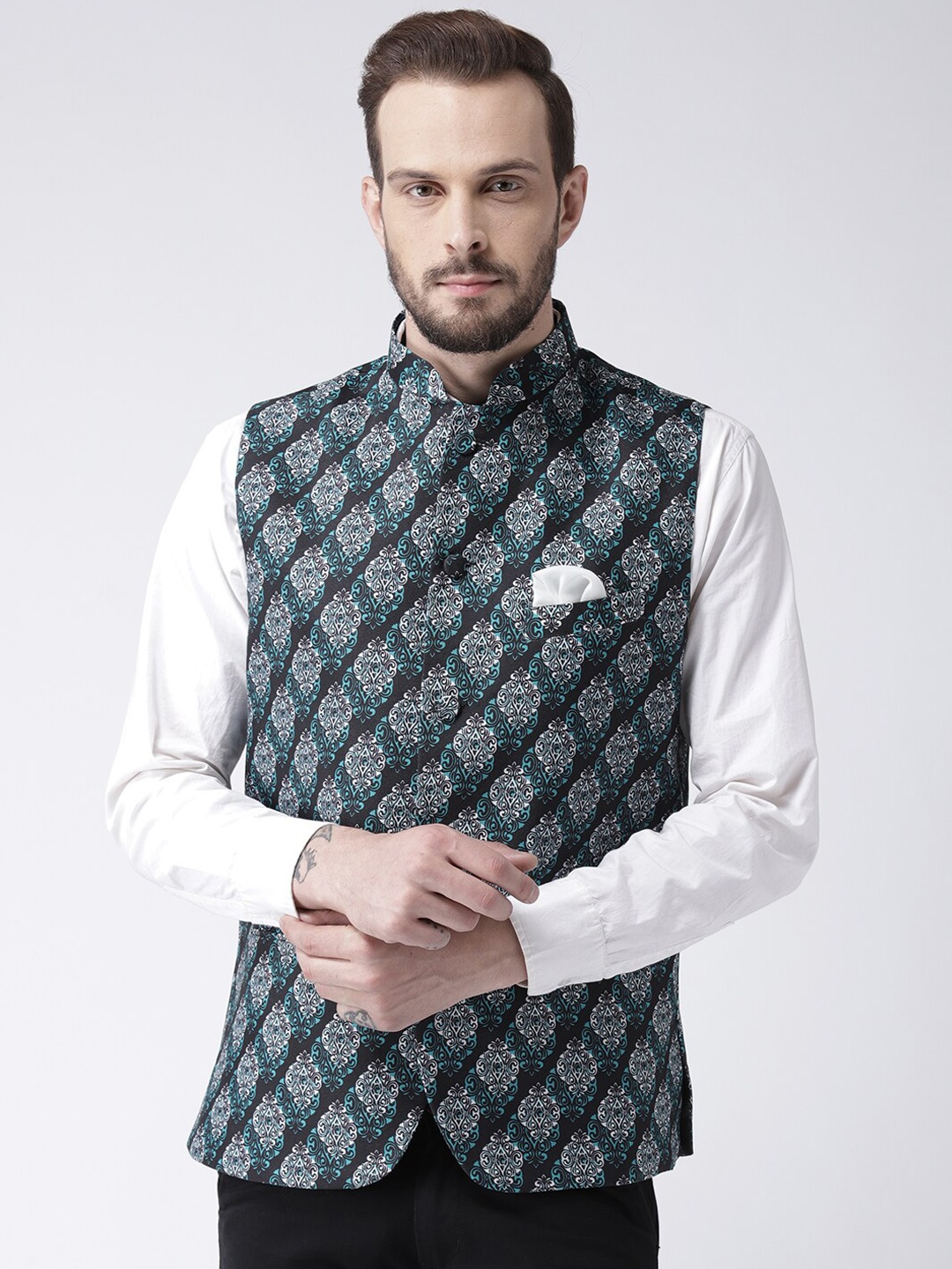 

hangup plus Men Printed Nehru Jacket, Black
