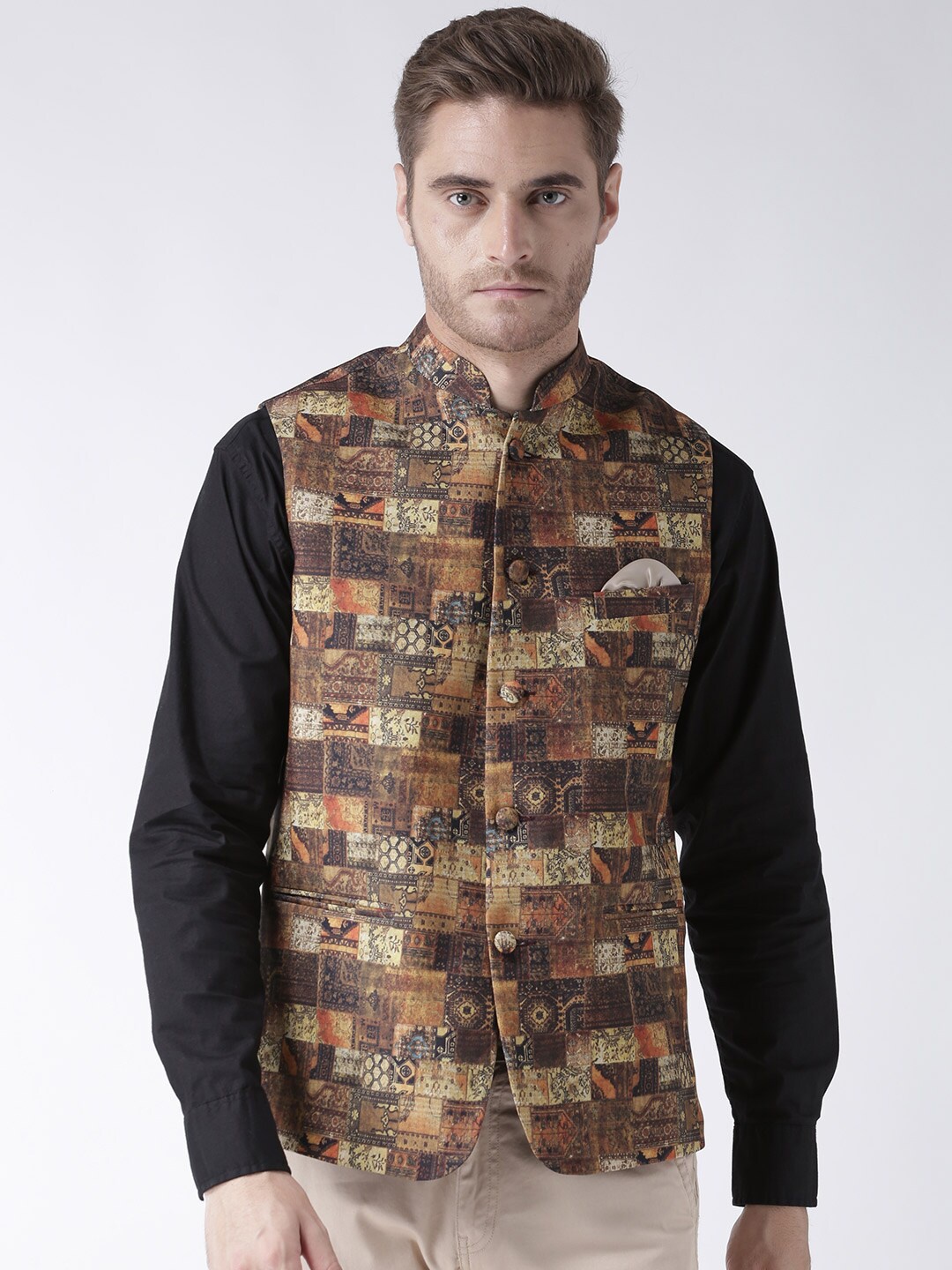 

hangup plus Men Printed Woven Nehru Jacket, Brown