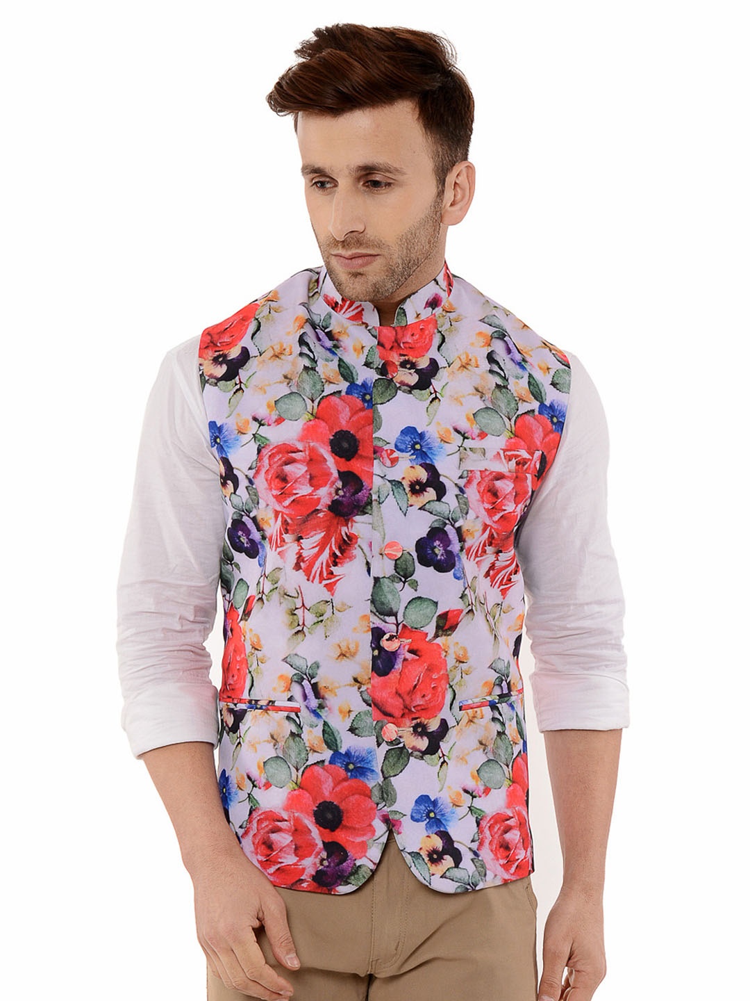 

hangup plus Men Floral-Printed Nehru Jackets, White