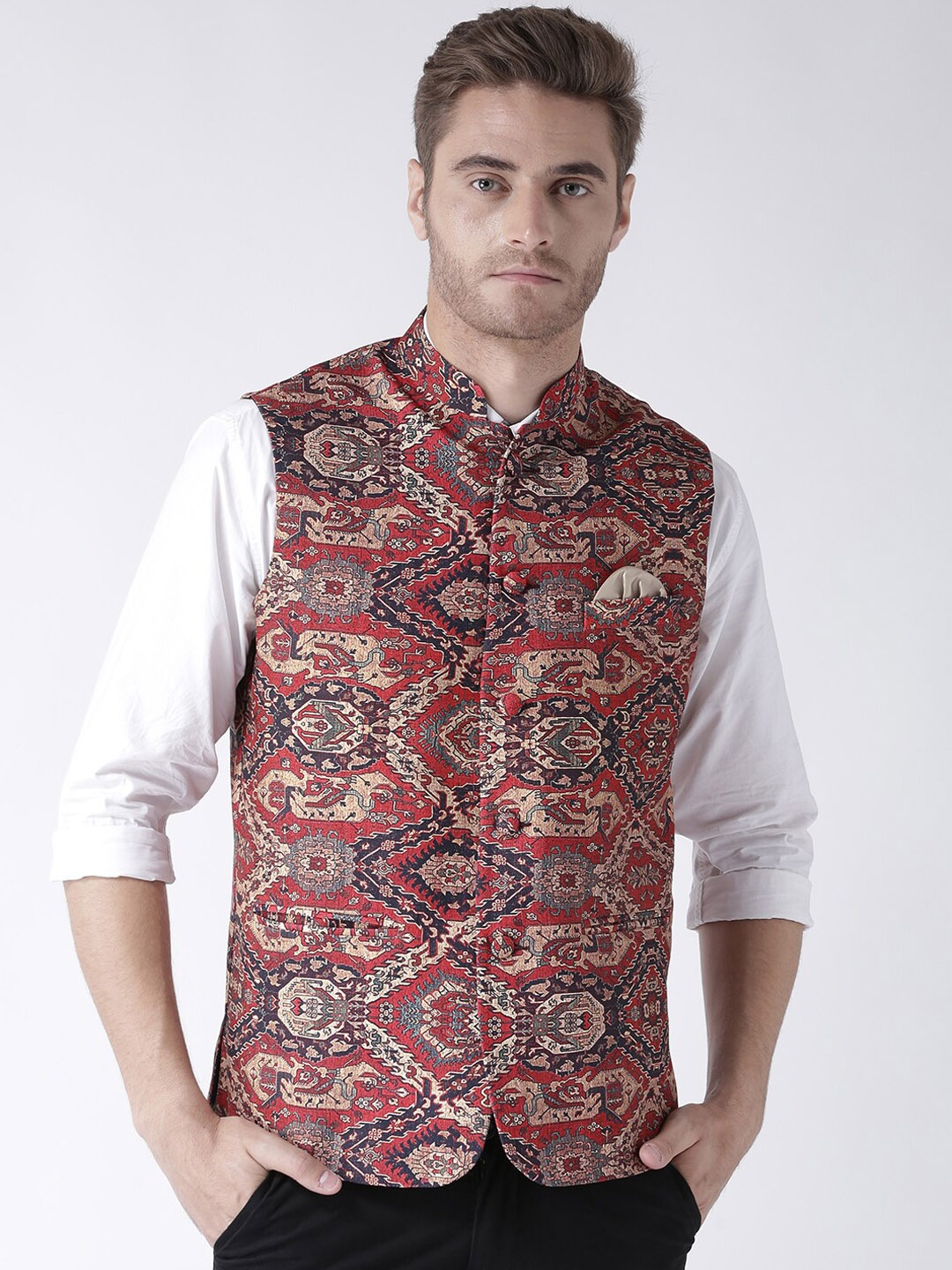 

hangup plus Men Printed Woven Nehru Jacket, Red