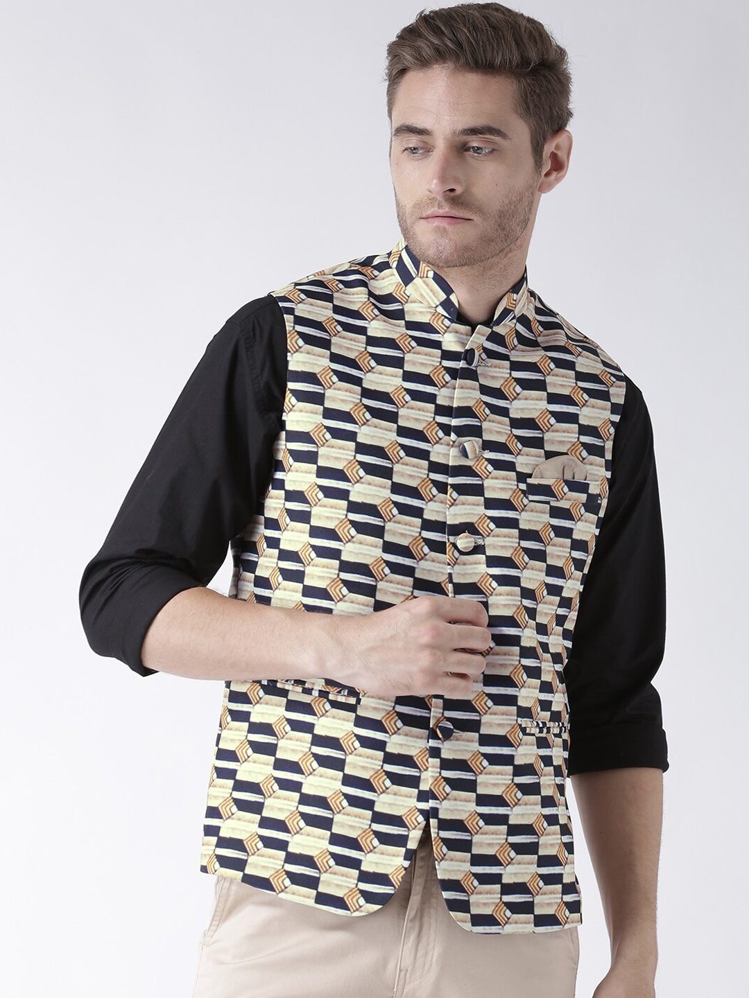 

hangup plus Men Printed Nehru Jacket, Black