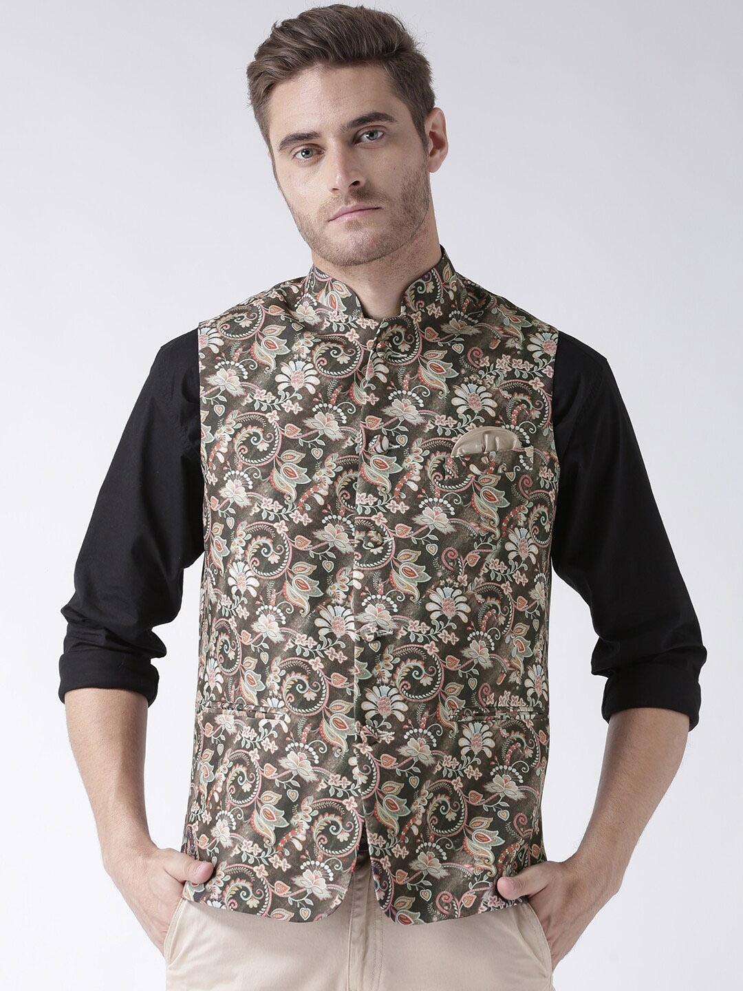 

hangup plus Men Printed Nehru Jacket, Brown