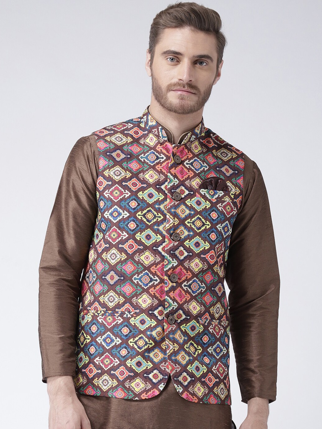 

hangup plus Men Printed Nehru Jacket, Brown