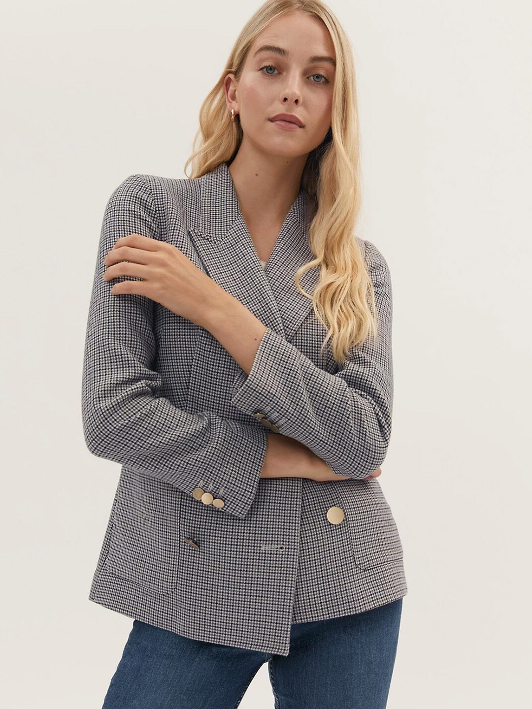 

Marks & Spencer Women Checked Single-Breasted Blazer, Grey