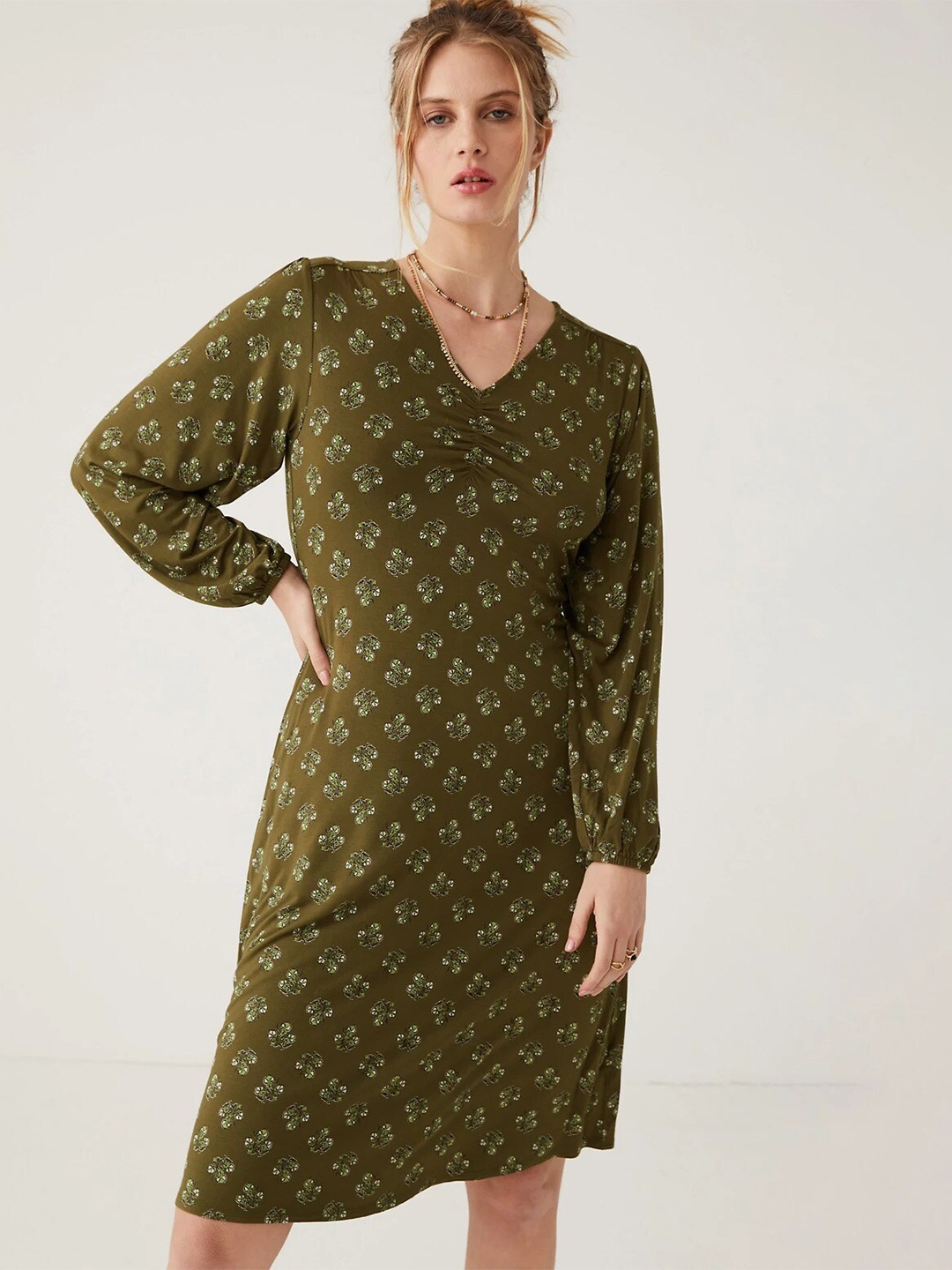 

Marks & Spencer Floral Printed Puff Sleeves A-Line Dress, Olive