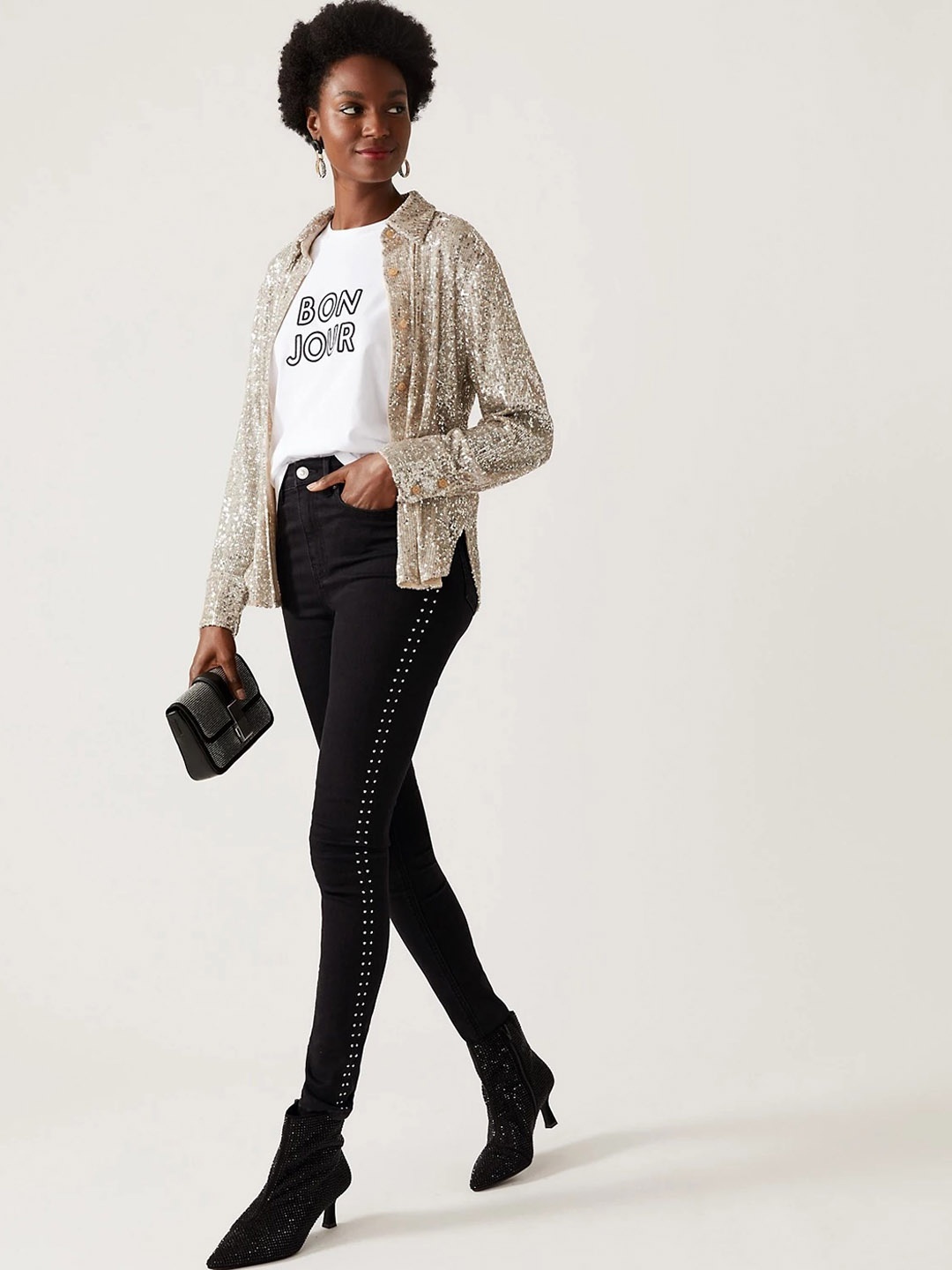 

Marks & Spencer Women Skinny Fit High-Rise Highly Distressed Jeans, Black