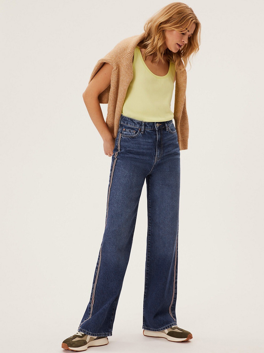

Marks & Spencer Women Wide Leg High-Rise Low Distress Jeans, Blue