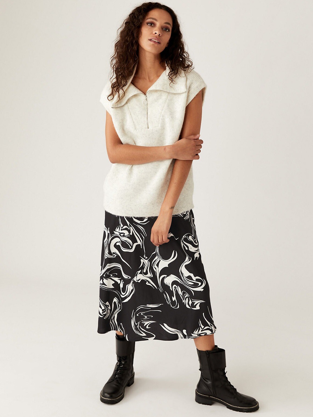 

Marks & Spencer Printed Midi A-Line Skirt, Black