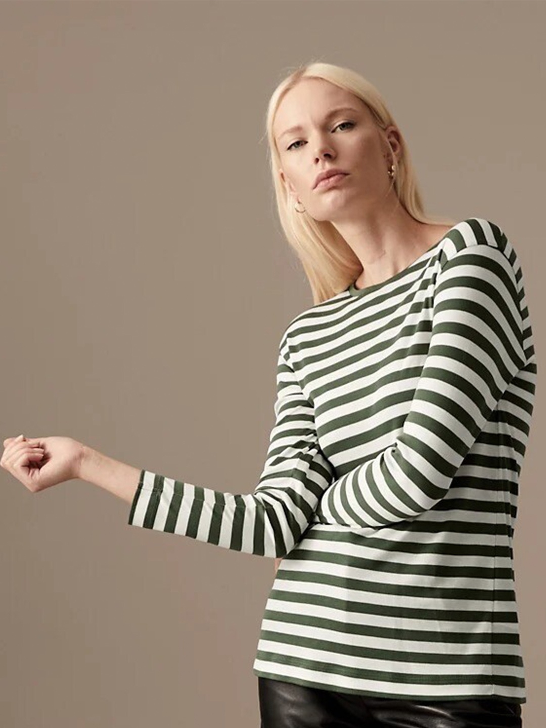 

Marks & Spencer Women Striped Drop-Shoulder Sleeves T-shirt, Green