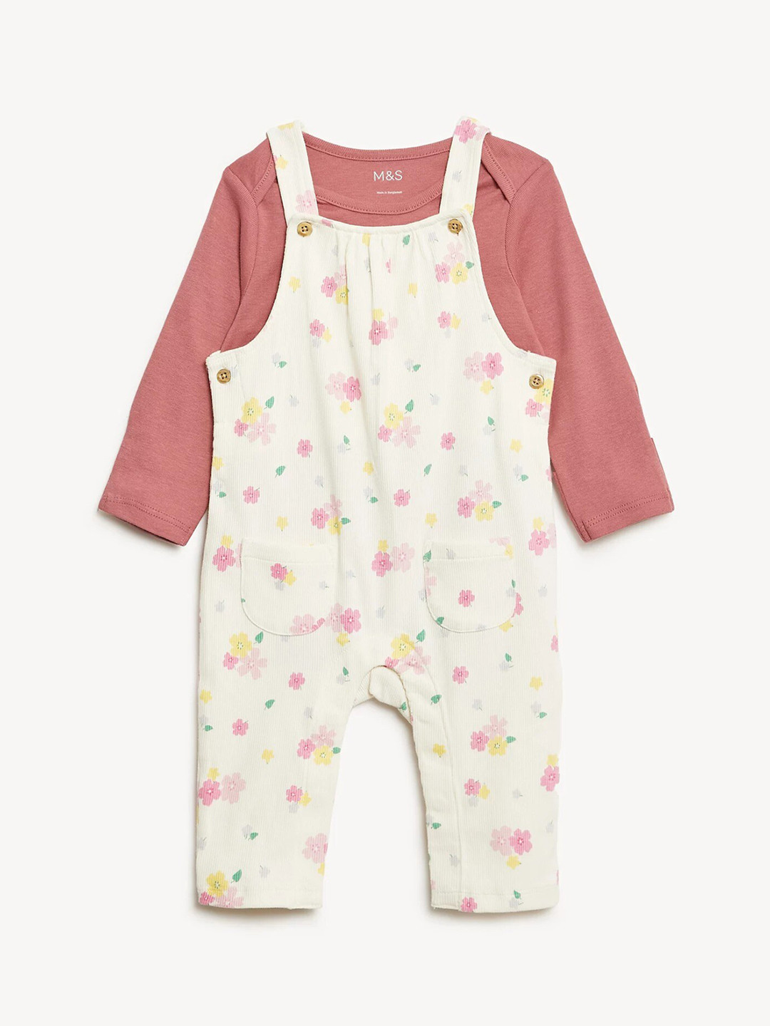 

Marks & Spencer Infants Girls Floral Printed Cotton Straight Fit Dungaree, Pink