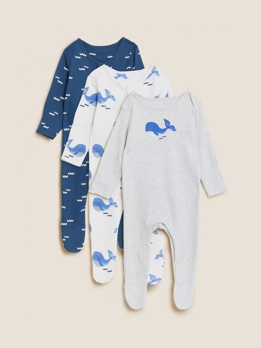 

Marks & Spencer Boys Pack Of 3 Printed Pure Cotton Sleepsuit, Navy blue