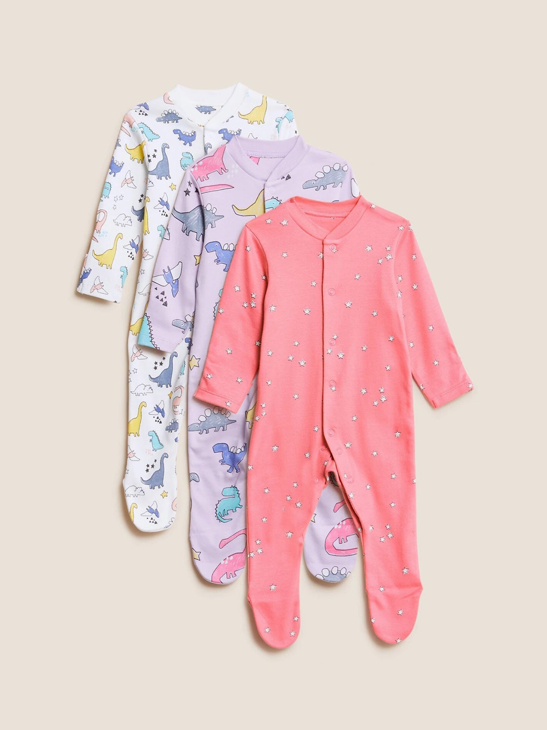 

Marks & Spencer Infant Girls Pack Of 3 Printed Pure Cotton Sleepsuits, White