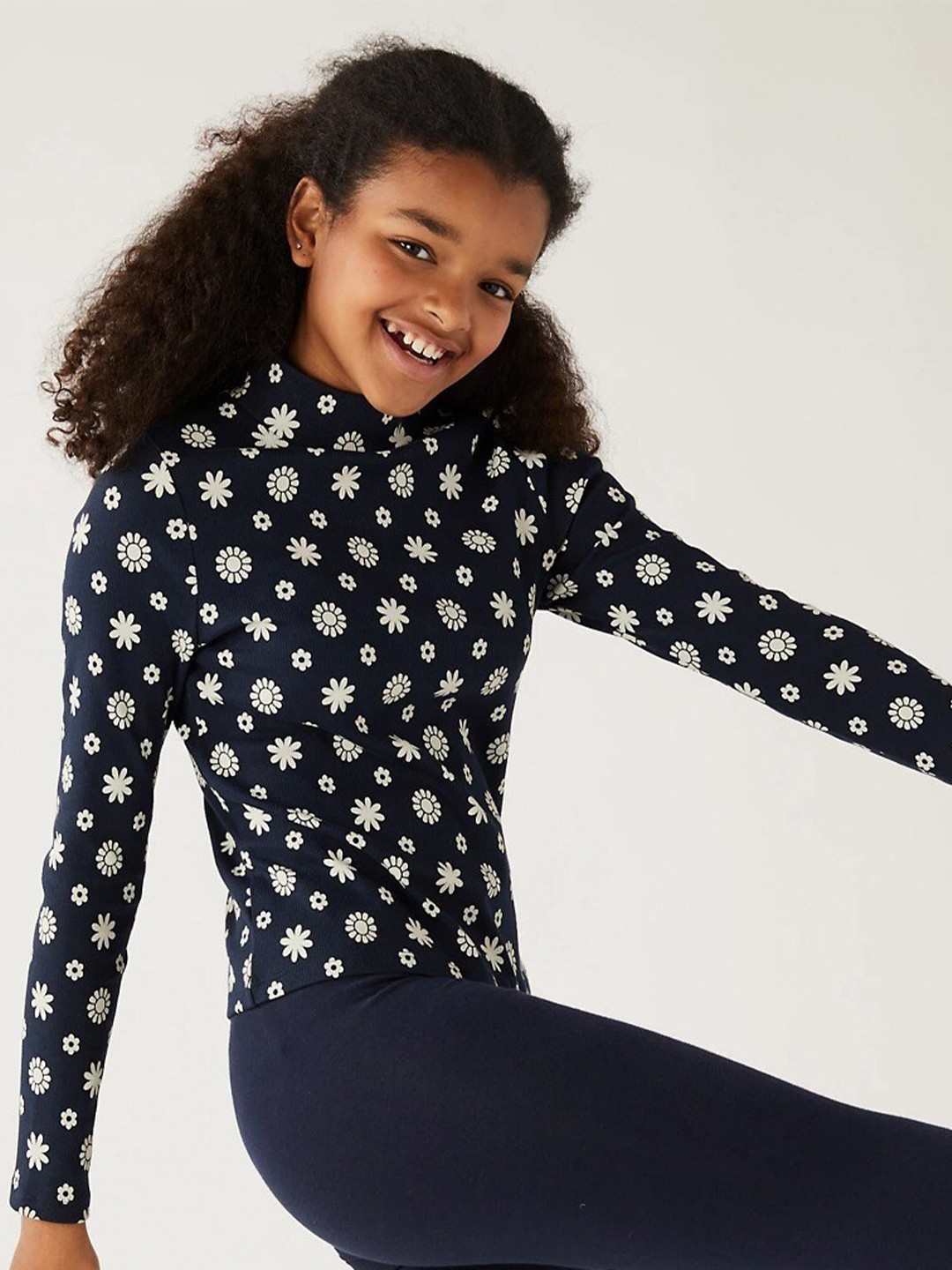 

Marks & Spencer Girls Floral Print High Neck Top, Navy blue