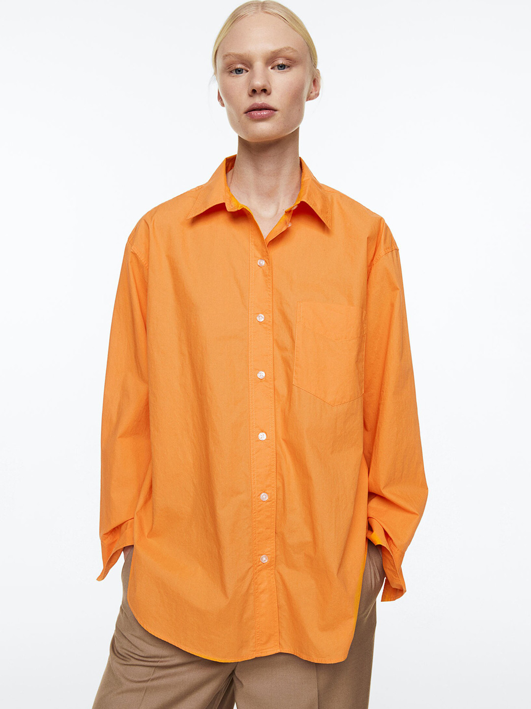 

H&M Women Cotton Poplin Shirt, Orange