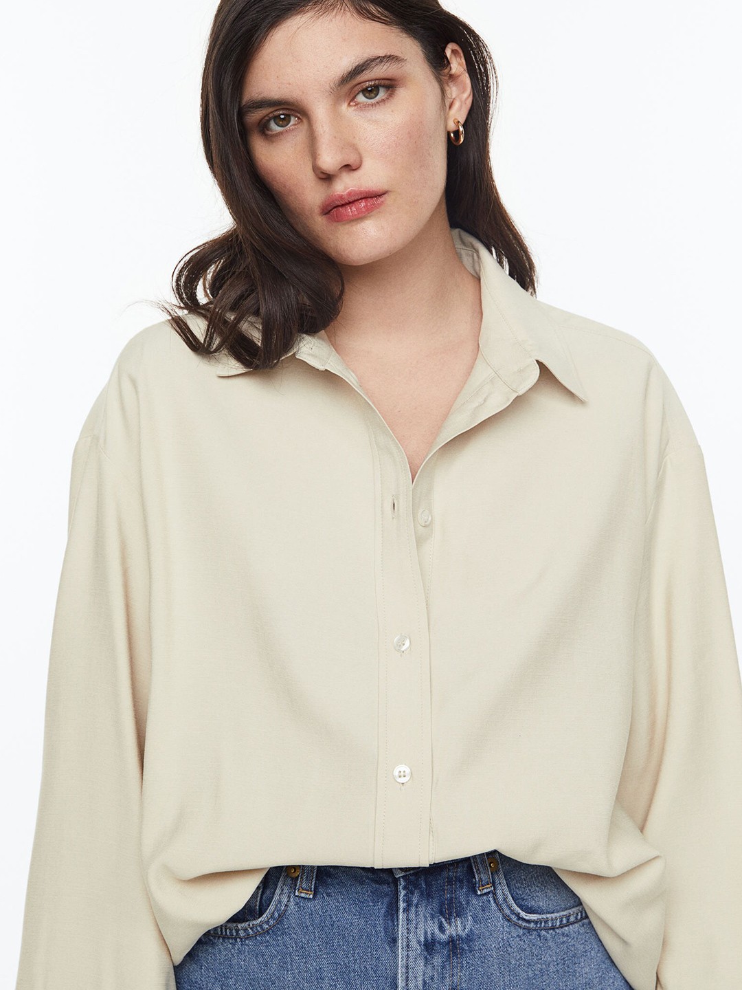 

H&M Women Oversized Tie-Detail Shirt, Beige