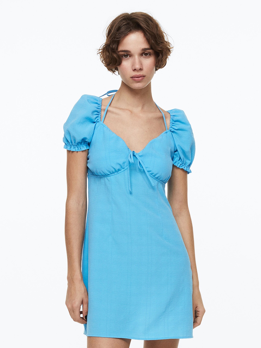 

H&M Women Puff-Sleeved Crepe Dress, Blue