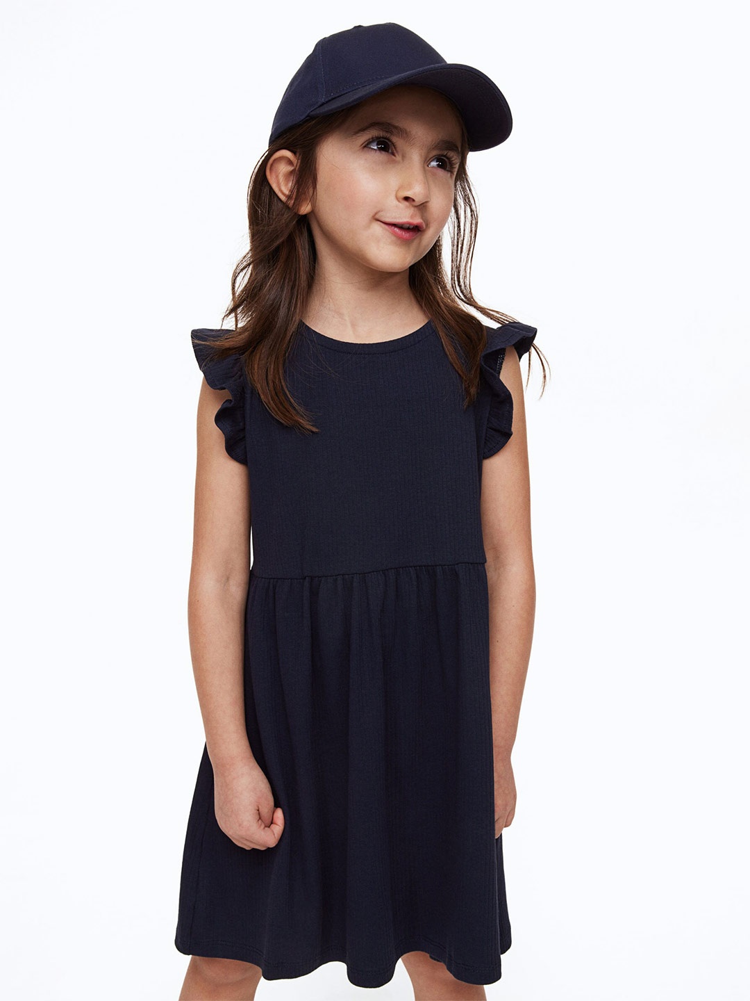 

H&M Girls Ribbed Jersey Dress, Navy blue