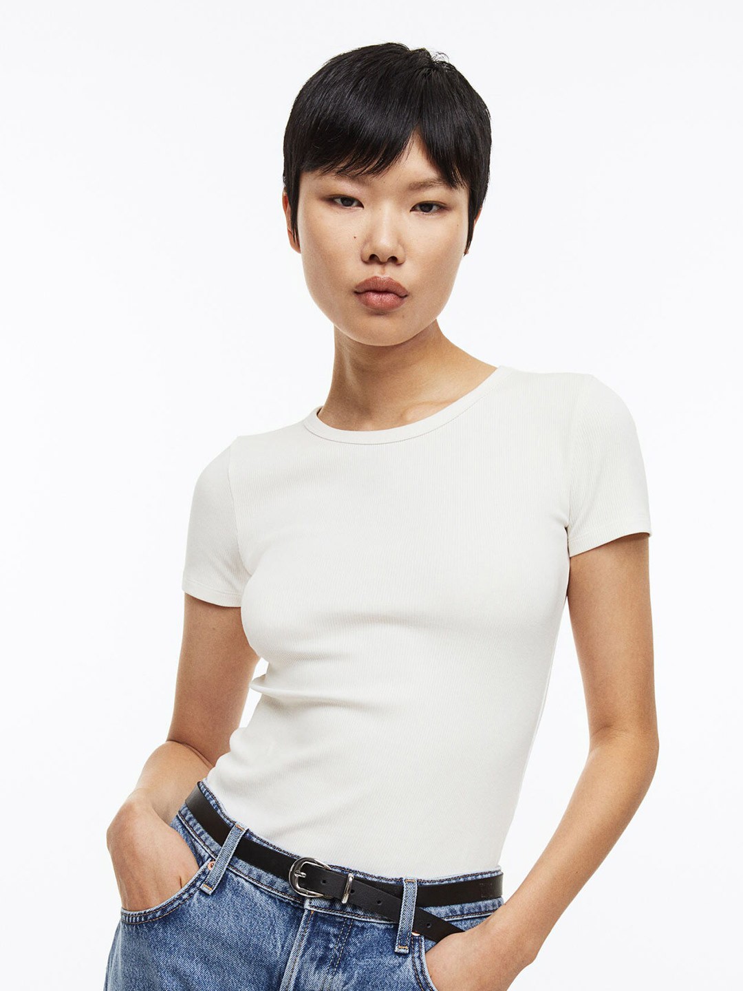 

H&M Women Fitted Ribbed Top, White