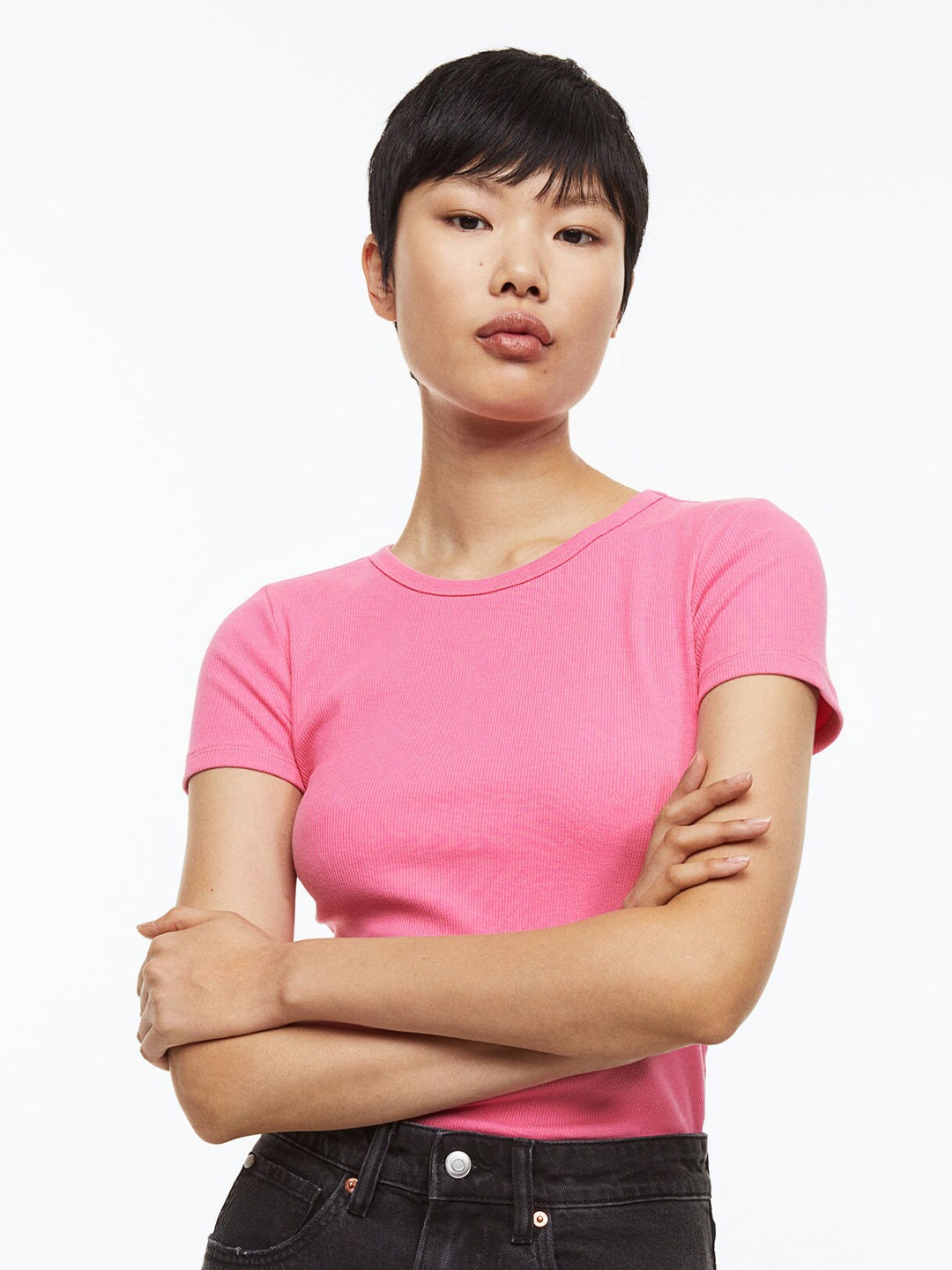 

H&M Women Fitted Ribbed Top, Pink