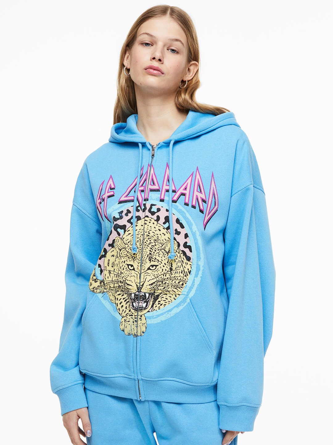 

H&M Women Printed Zip-Through Hoodie, Blue