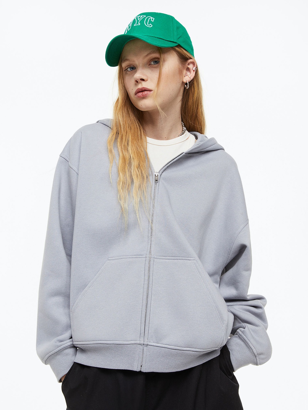 H&M Women Oversized Zip-Through Hoodie, Grey
