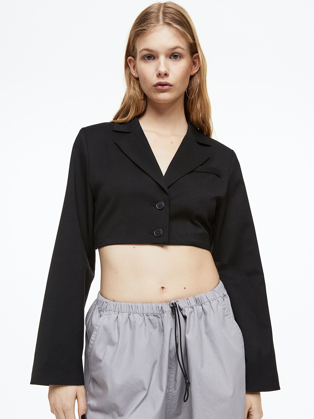 

H&M Women Tie-Detail Cropped Blazer, Black