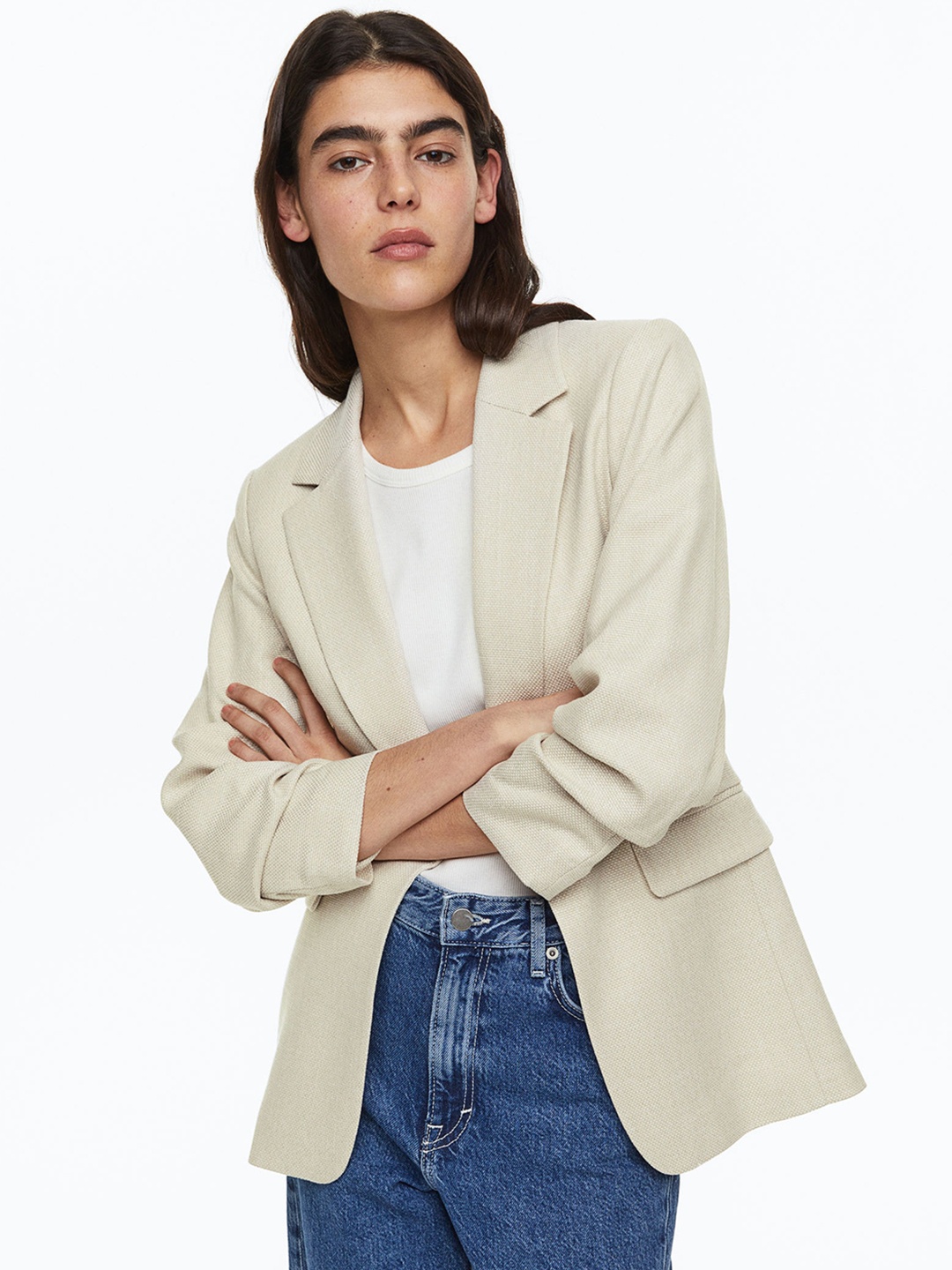

H&M Women Gathered-Sleeve Blazer, Beige