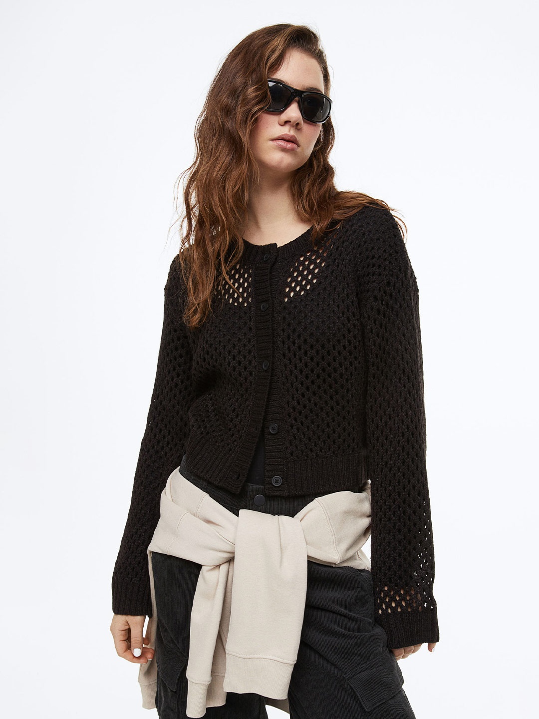

H&M Women Hole-Knit Acrylic Cardigan, Black