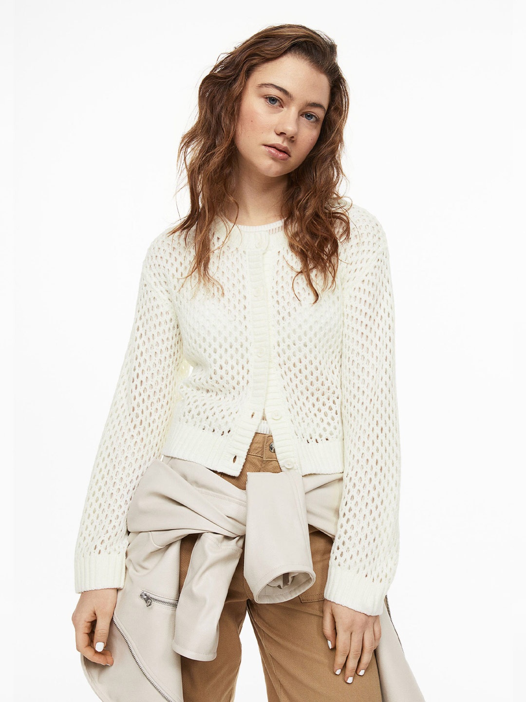 

H&M Women Hole-Knit Acrylic Cardigan, White