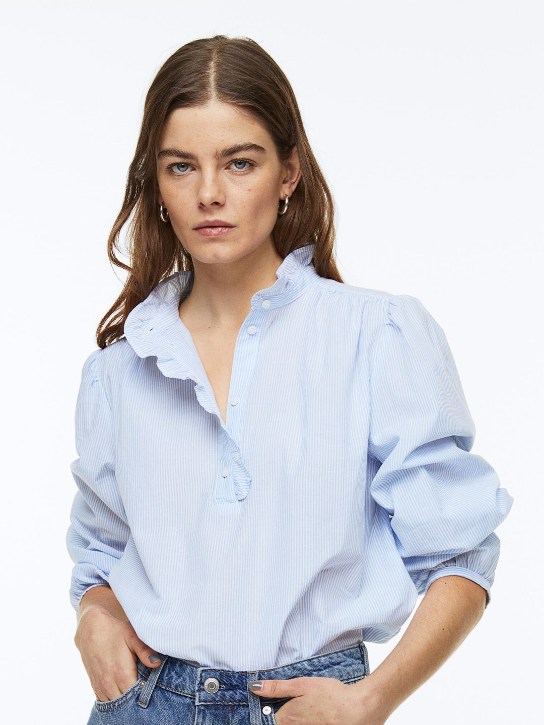 

H&M Women Frill-Trimmed Blouse, Blue