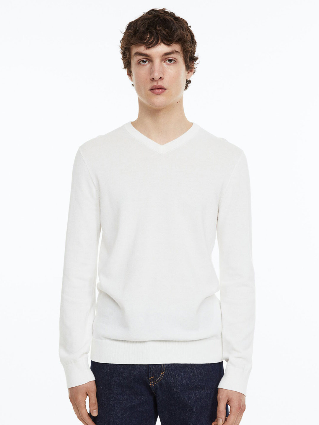 

H&M Men V-Neck Cotton Jumper, White