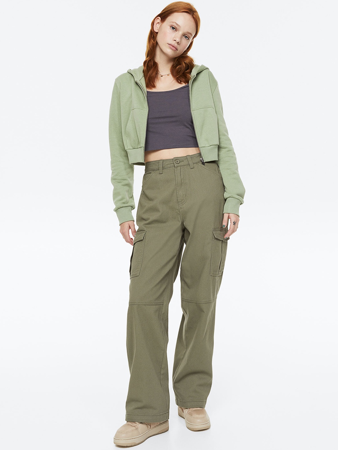 

H&M Women Twill Cargo Trousers, Olive