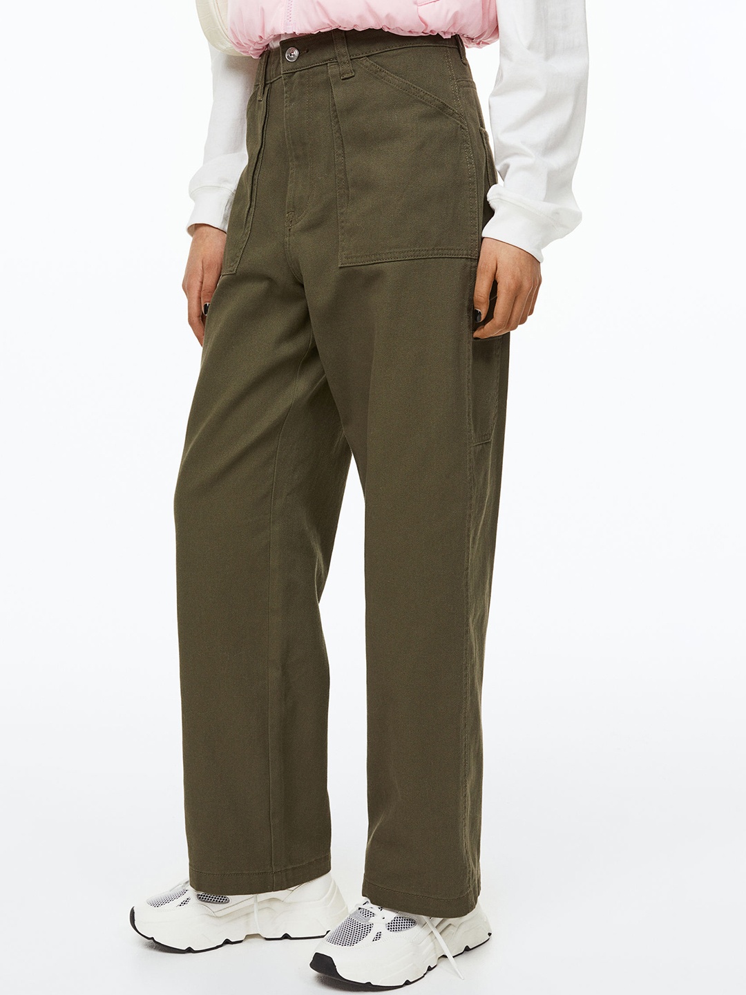 

H&M Women Pure Cotton Twill Cargo Trousers, Olive