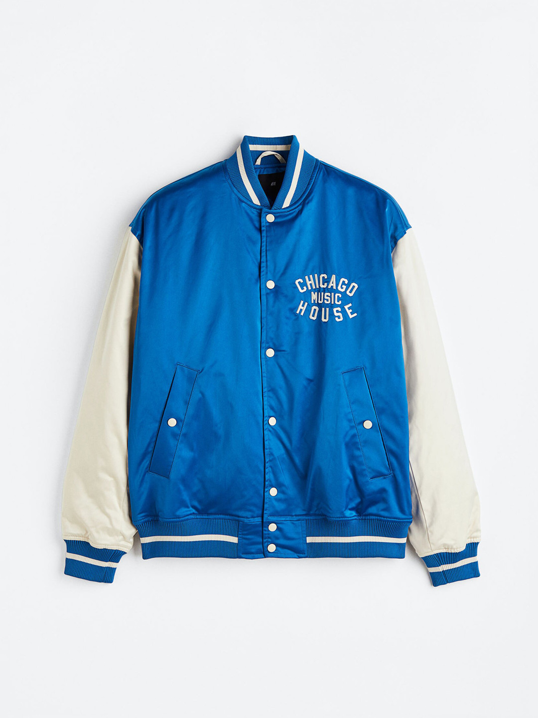 

H&M Men Oversized Fit Satin Baseball Jacket, Blue