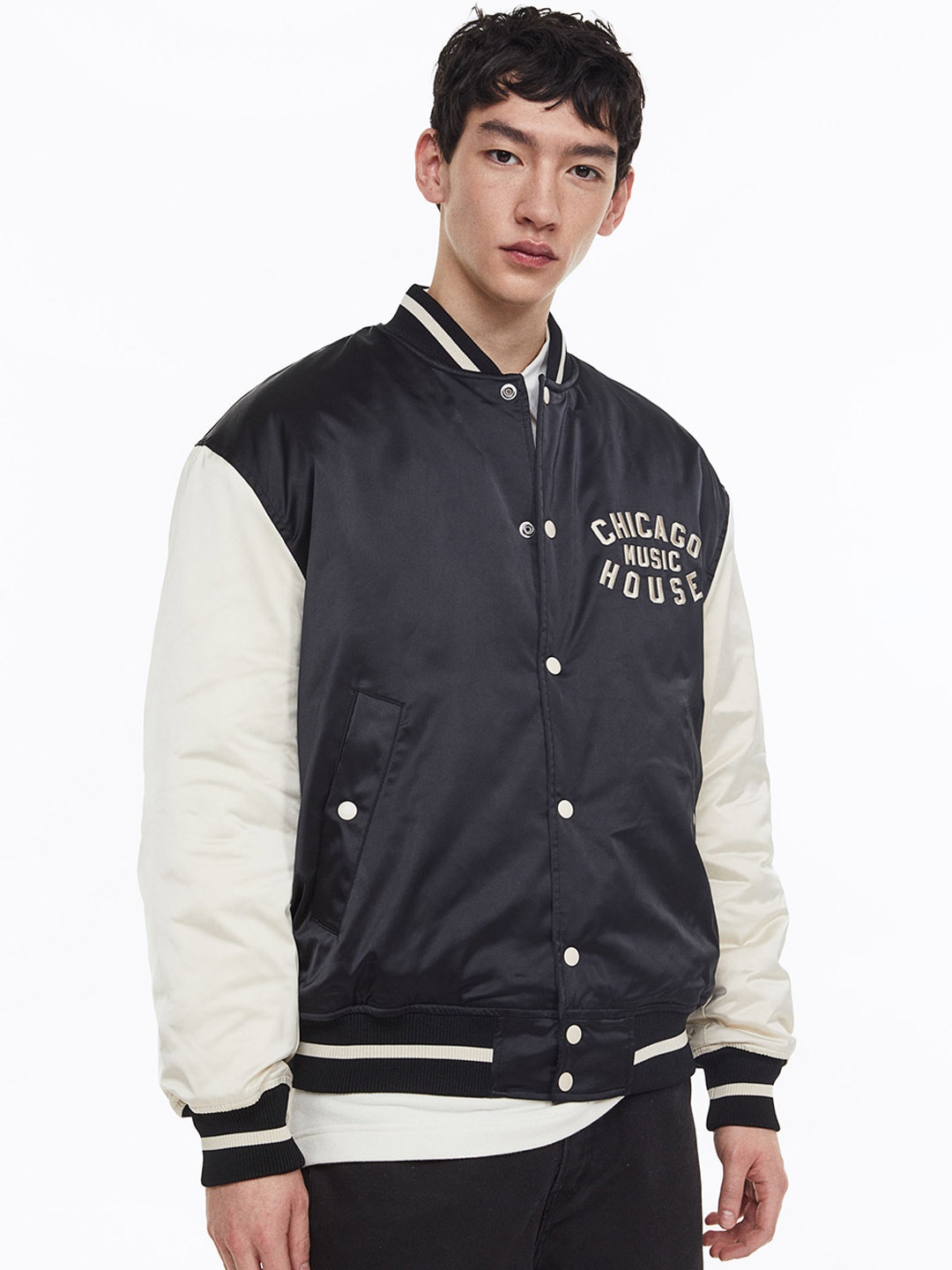 

H&M Men Oversized Fit Satin Baseball Jacket, Black